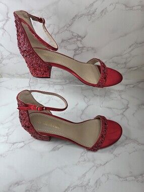 Red Crystal Block Heel Sandals with Ankle Strap (B28) DREAMPAIRS